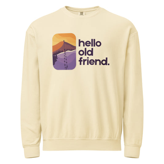 Crewneck sweatshirt with retro mountain sunrise graphic, ski lift, and “hello old friend.” text on the front